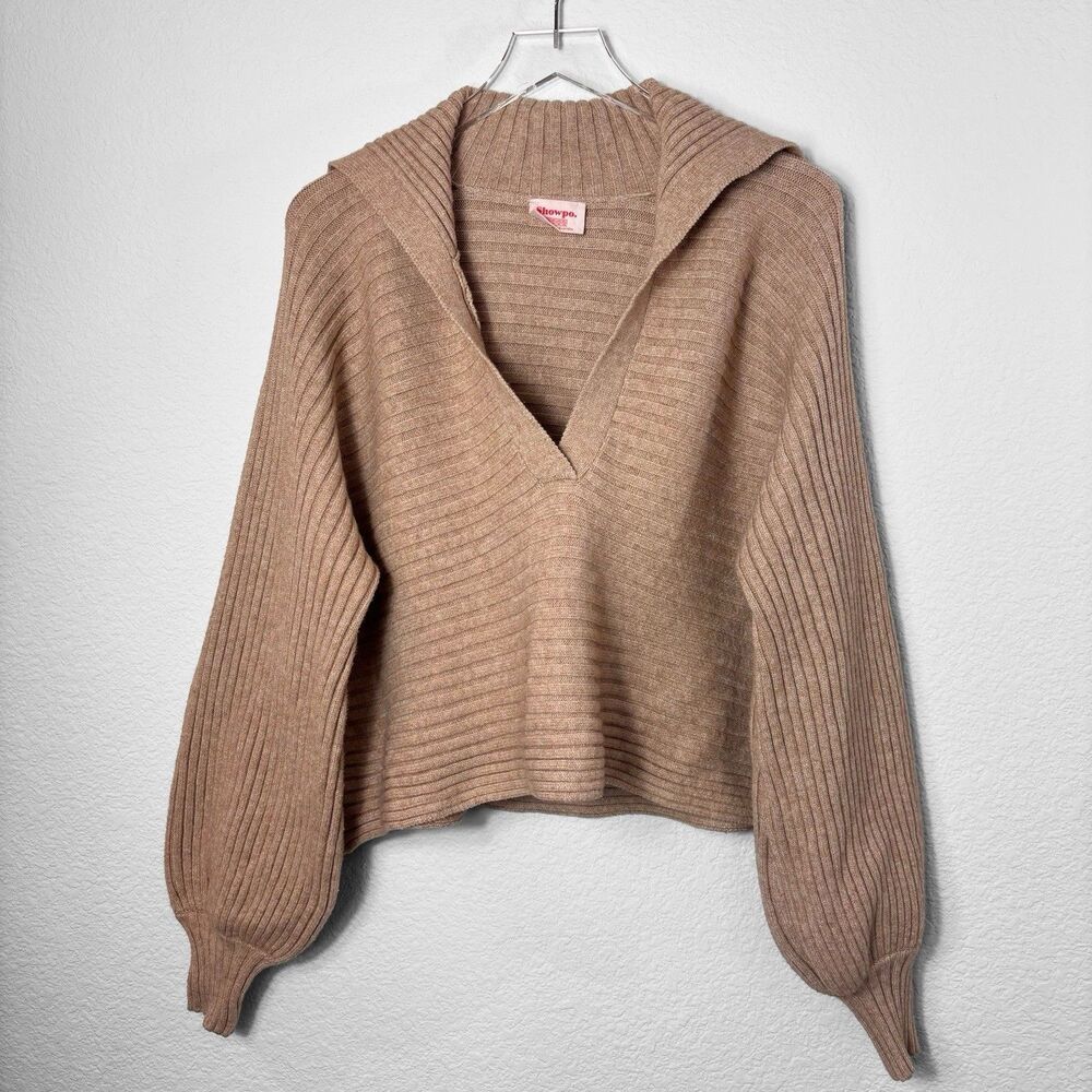 Showpo Women’s Sweater XL 14 Beige Cropped Ribbed Balloon Sleeves Sexy Neutral